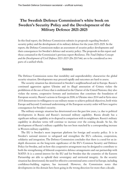 The Swedish Defence Commission's White Book on Sweden's Security Policy and the Development of the Military Defence 2021-202