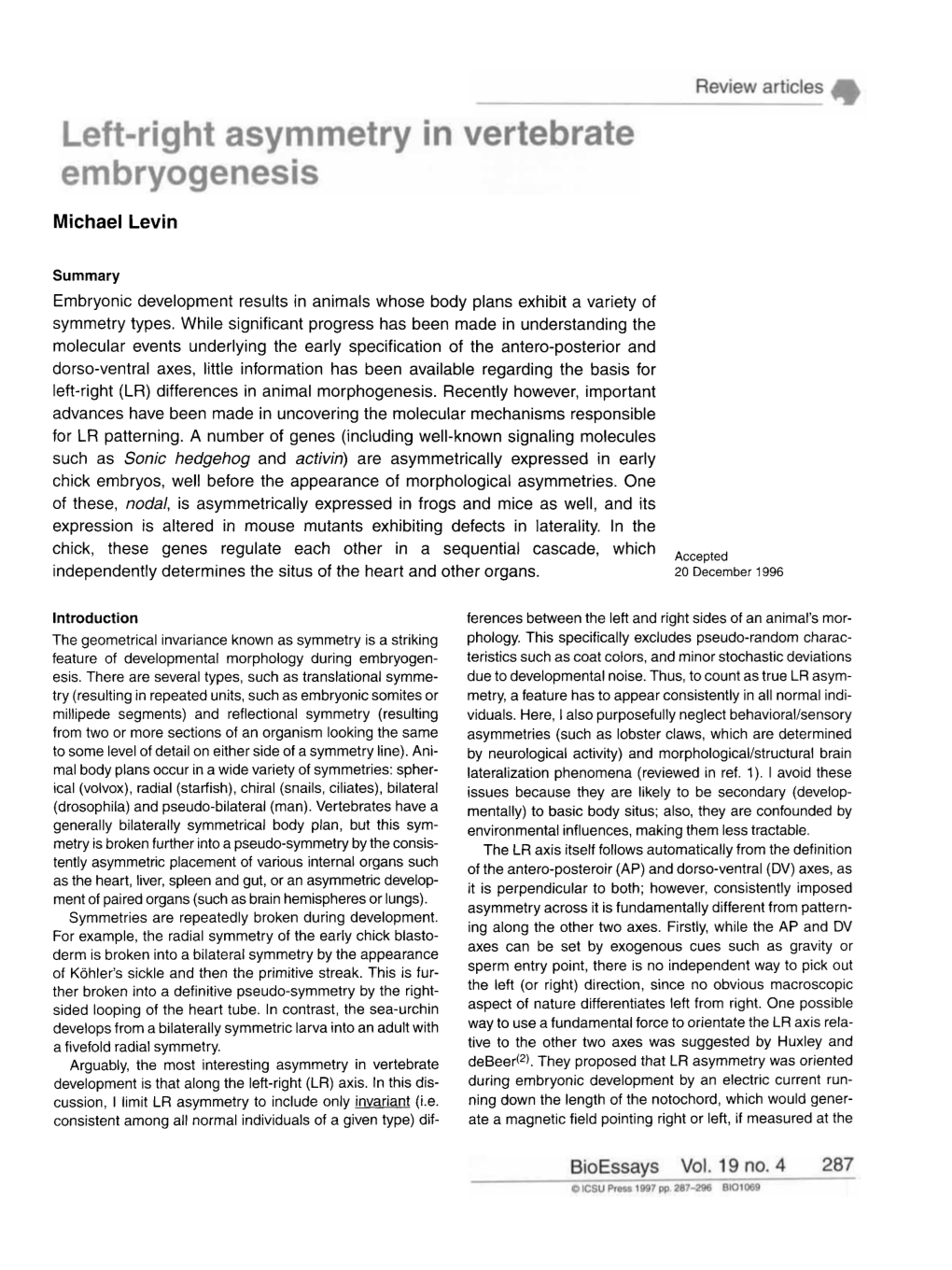 Left-Right Asymmetry in Vertebrate Embryogenesis