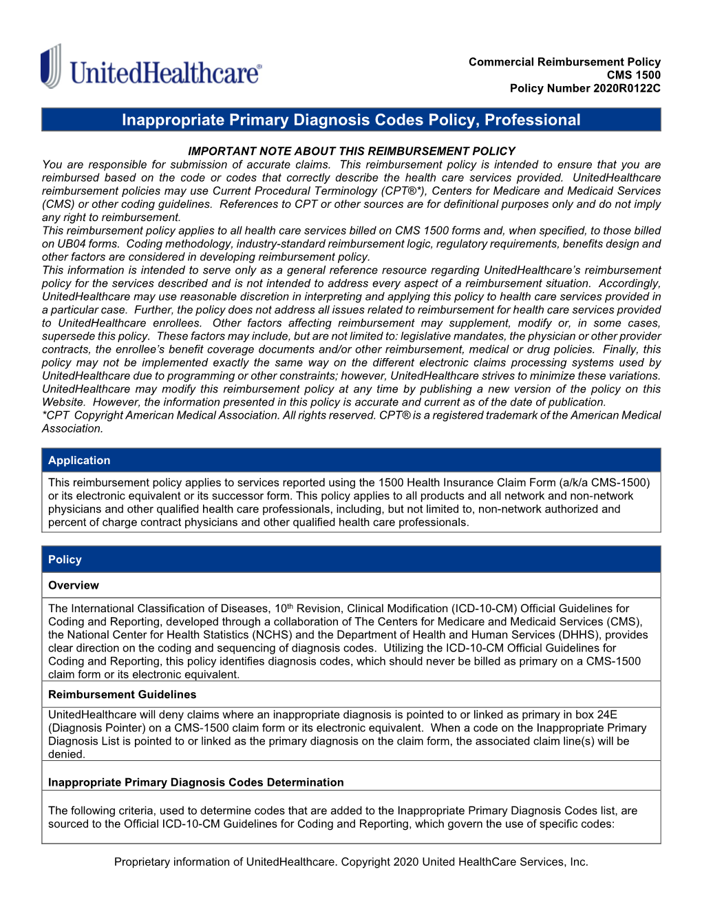 Inappropriate Primary Diagnosis Codes Policy, Professional