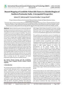 Hazard Mapping of Landslide Vulnerable Zones in a Rainfed Region of Southern Peninsular India- a Geospatial Perspective