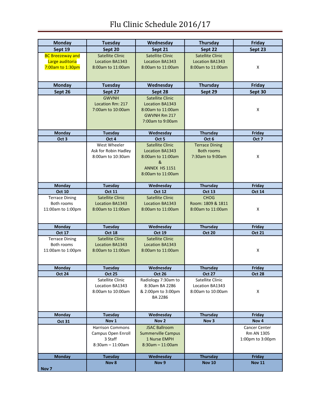 Flu Clinic Schedule 2016/17