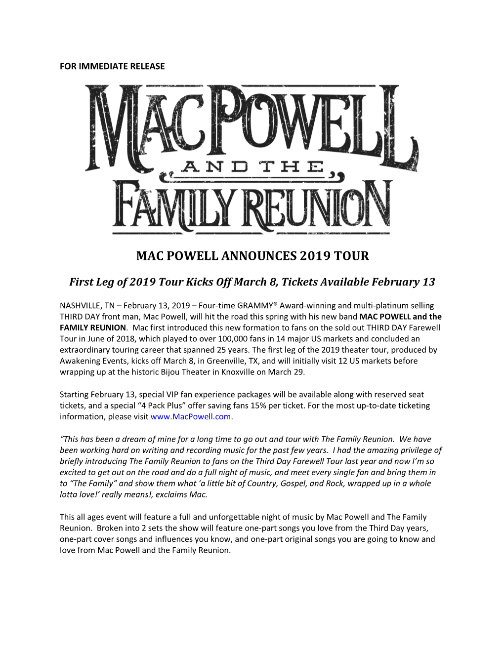 Mac Powell Announces 2019 Tour