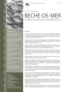 SPC Beche-De-Mer Information Bulletin Contains 11 Papers on Oxytetracycline – a Preliminary Report Sea Cucumber Research, Aquaculture, and Stock Status