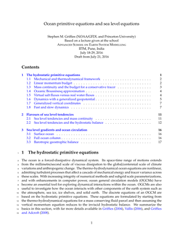 Ocean Primitive Equations and Sea Level Equations Contents 1 the Hydrostatic Primitive Equations