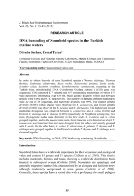 DNA Barcoding of Scombrid Species in the Turkish Marine Waters