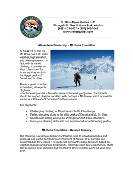 Mt. Bona Expedition Itinerary