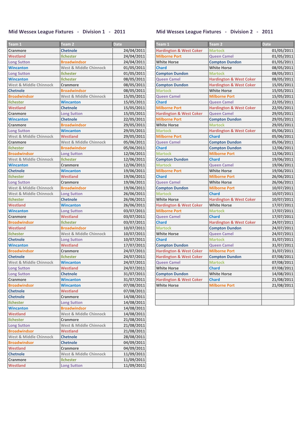 2011 Mid Wessex League Fixtures - Division 2 - 2011