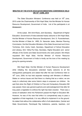 Minutes of the State Education Ministers Conference Held on 18Th June, 2010