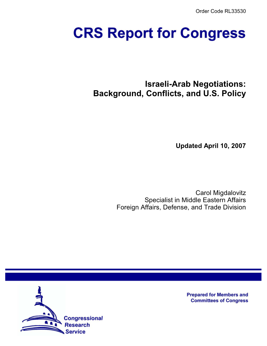 Israeli-Arab Negotiations: Background, Conflicts, and U.S. Policy