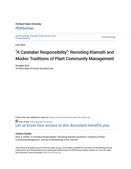 “A Caretaker Responsibility”: Revisiting Klamath and Modoc Traditions of Plant Community Management