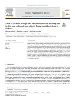 Effect of Sex Ratio, Storage Time and Temperature on Hatching Rate, Fertility and Embryonic Mortality in Chukar Partridge (Alect