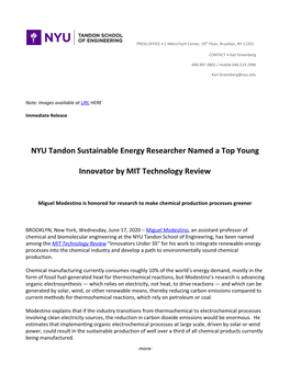 NYU Tandon Sustainable Energy Researcher Named a Top Young