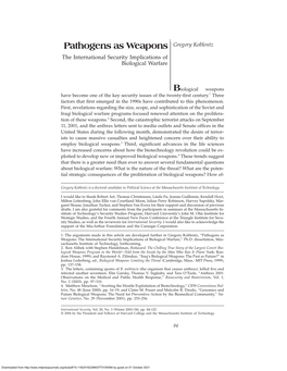 Pathogens As Weapons Gregory Koblentz the International Security Implications of Biological Warfare
