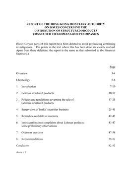 Report of the Hong Kong Monetary Authority on Issues Concerning the Distribution of Structured Products Connected to Lehman Group Companies
