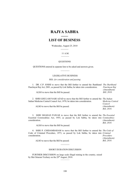 Rajya Sabha —— List of Business