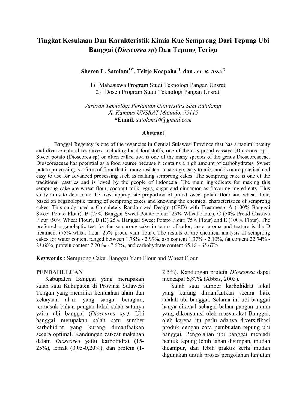 Tingkat Kesukaan Dan Karakteristik Kimia Kue Semprong Dari Tepung Ubi Banggai (Dioscorea Sp) Dan Tepung Terigu