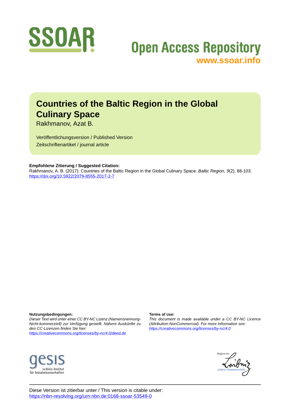 Countries of the Baltic Region in the Global Culinary Space Rakhmanov, Azat B