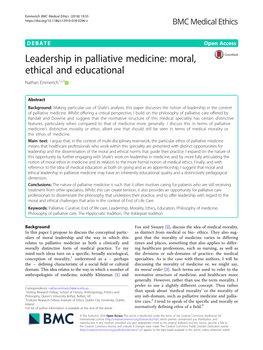 Leadership in Palliative Medicine: Moral, Ethical and Educational Nathan Emmerich1,2,3
