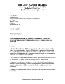 SHOLDEN PARISH COUNCIL Town Hall, High Street, Deal, Kent, CT14 6TR Telephone: 07464550069 Email: Sholdenparishcouncil@Live.Co.Uk