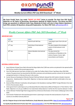 Weekly Current Affairs PDF July 2019 Download – 3Rd Week