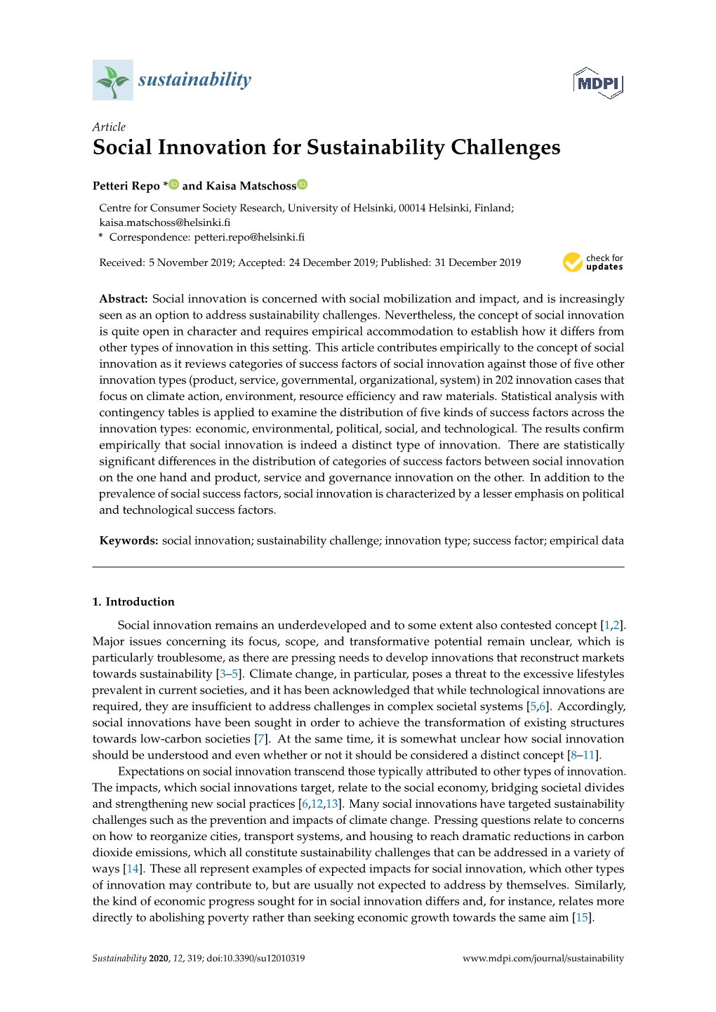 Social Innovation for Sustainability Challenges