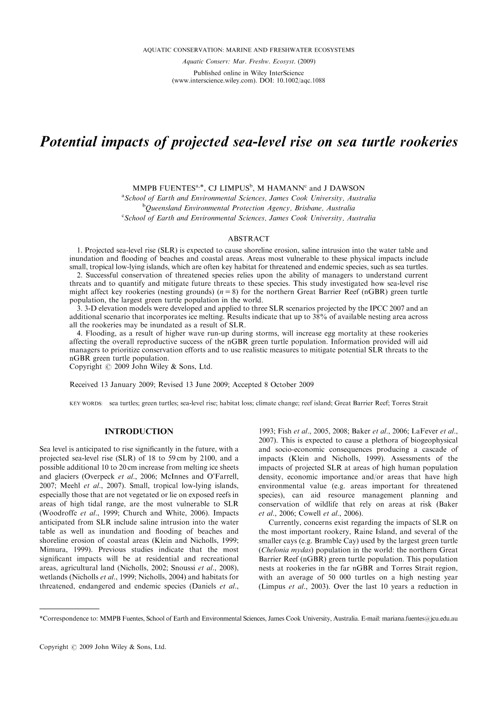 Potential Impacts of Projected Sea-Level Rise on Sea Turtle Rookeries