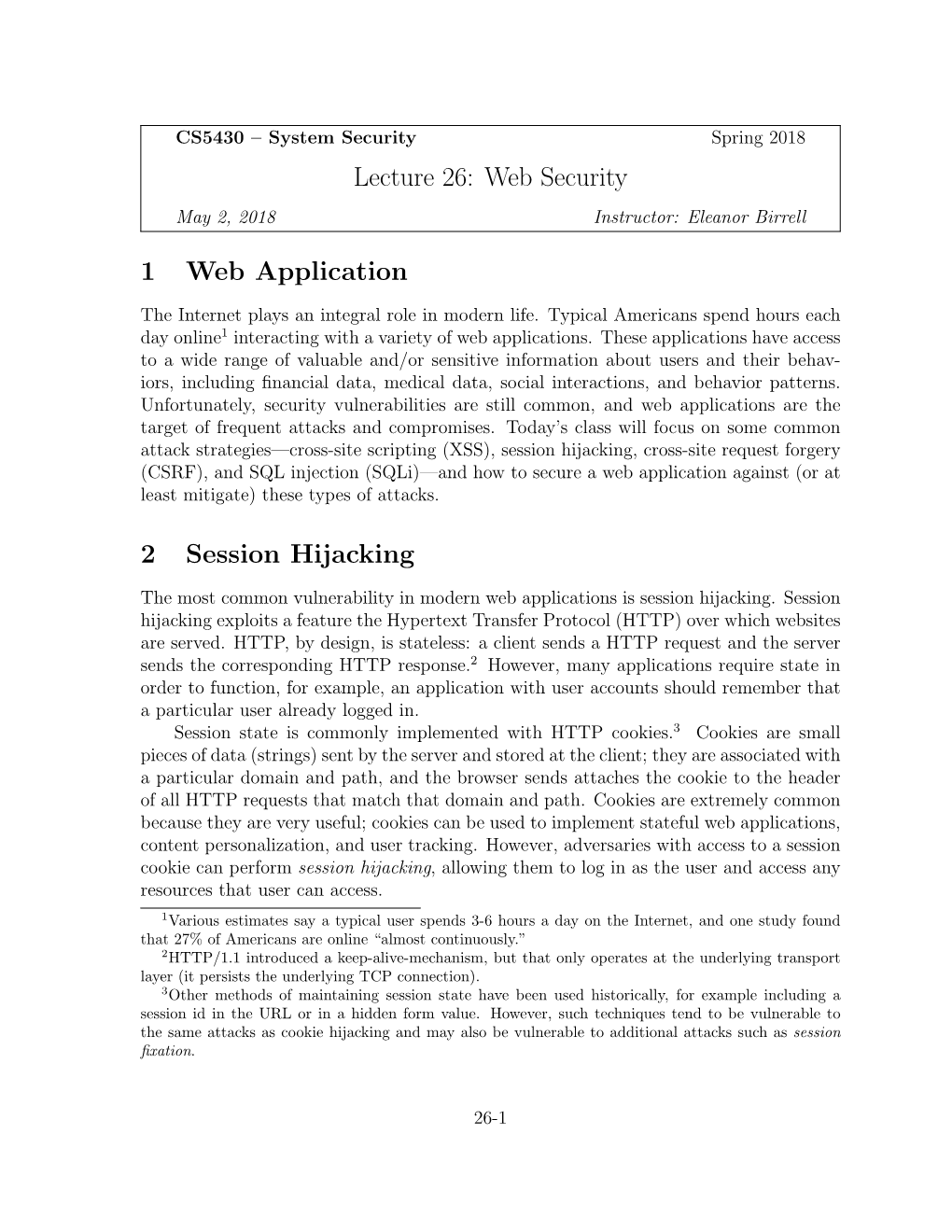 Lecture 26: Web Security 1 Web Application 2 Session Hijacking