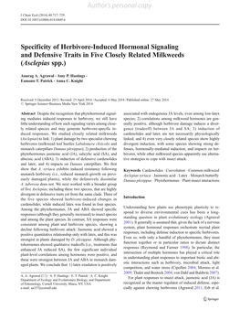 Specificity of Herbivore-Induced Hormonal Signaling and Defensive Traits in Five Closely Related Milkweeds (Asclepias Spp.) Auth