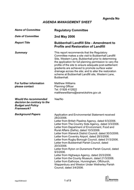 Bubbenhall Landfill Site - Amendment to Profile and Restoration of Landfill