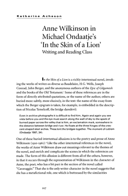 Anne Wilkinson in Michael Ondaatje's Cin the Skin of a Lion' Writing and Reading Class