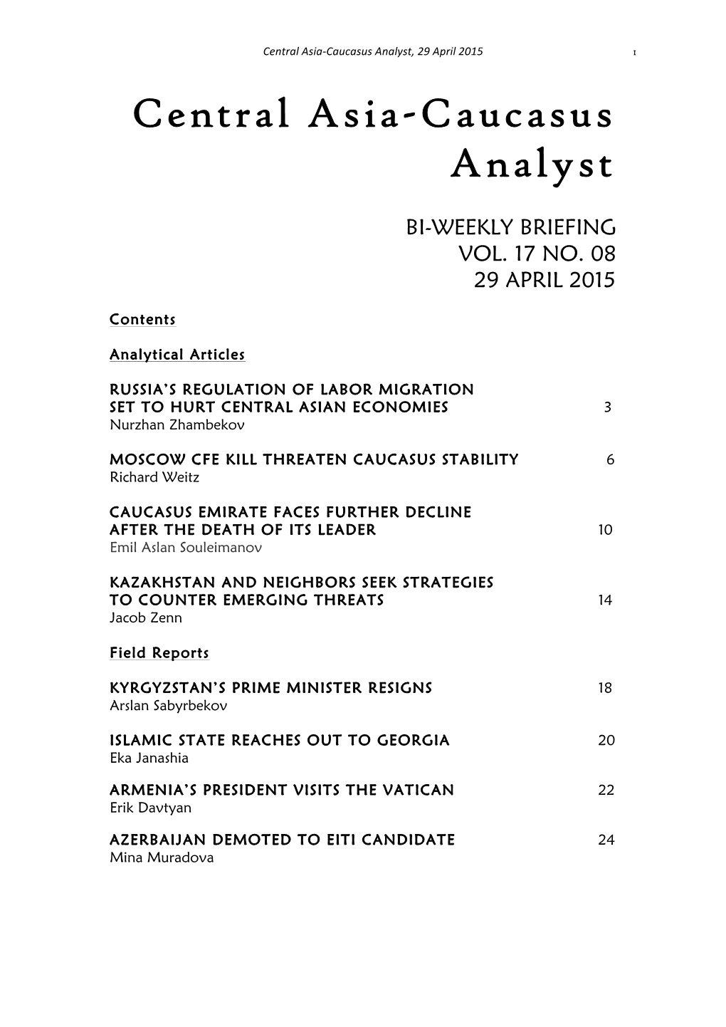 Central Asia-Caucasus Analyst, Vol 17, No 8