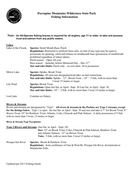 Porcupine Mountains Wilderness State Park Fishing Information Note