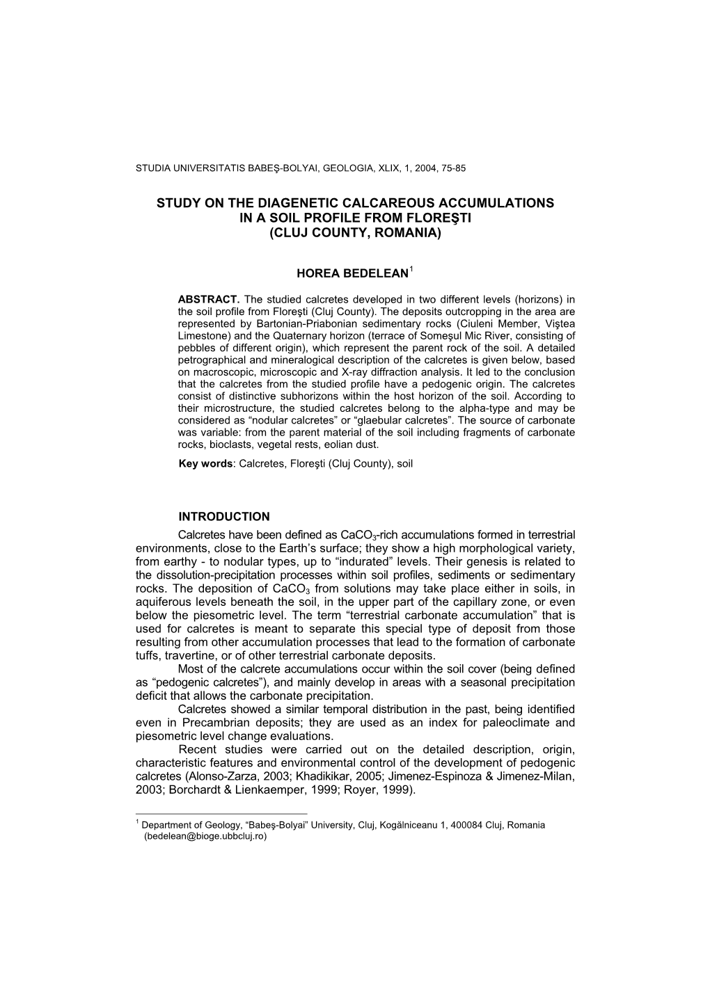 Study on the Diagenetic Calcareous Accumulations in a Soil Profile from Floreşti (Cluj County, Romania)