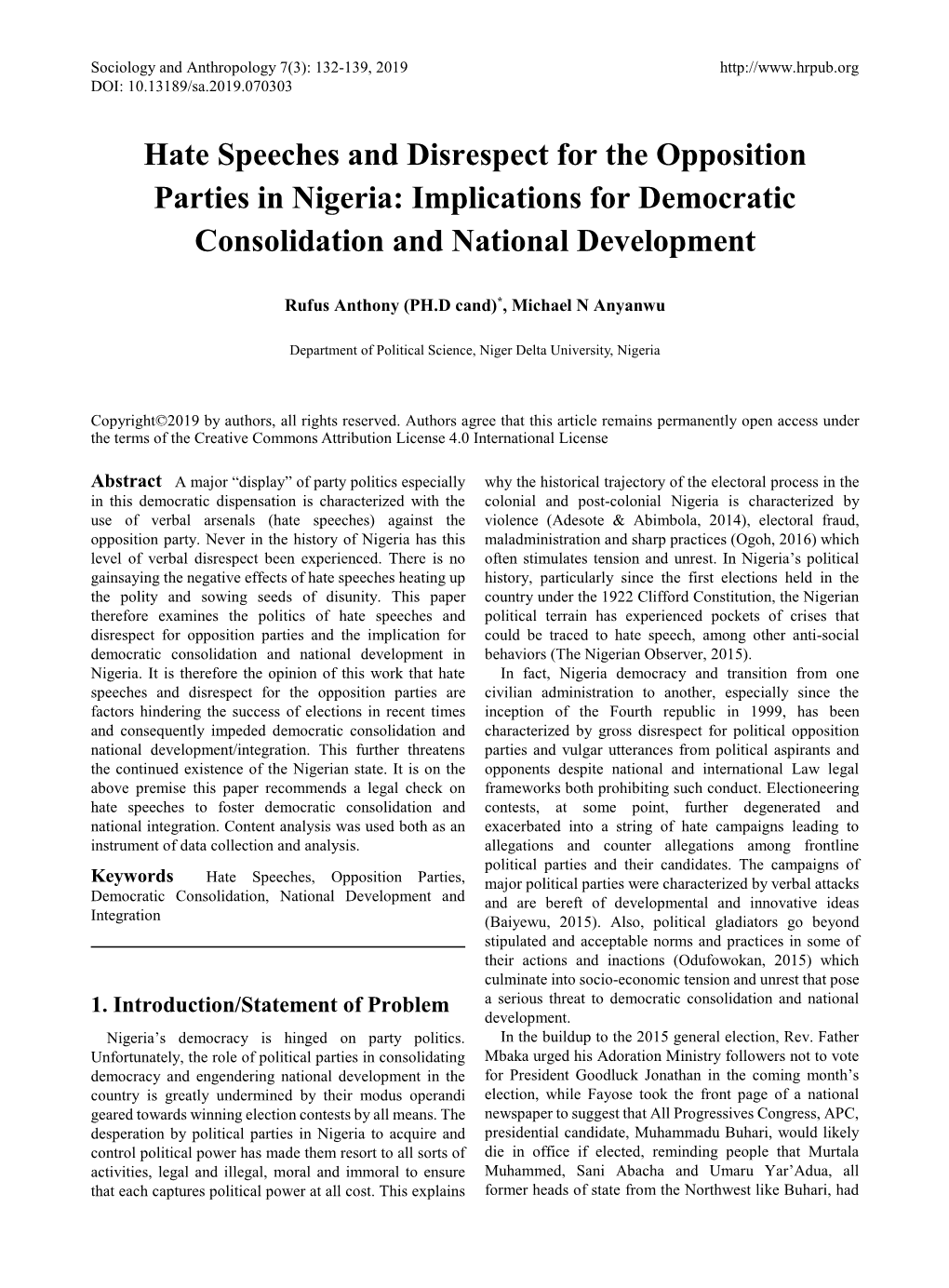 Hate Speeches and Disrespect for the Opposition Parties in Nigeria: Implications for Democratic Consolidation and National Development