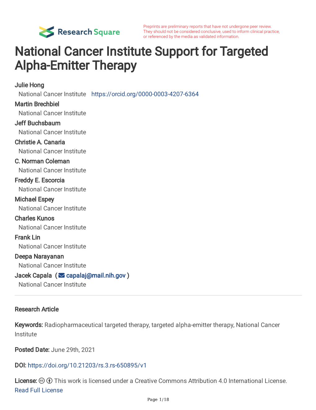 National Cancer Institute Support for Targeted Alpha-Emitter Therapy