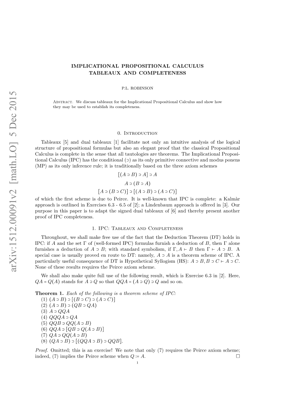 Implicational Propositional Calculus: Tableaux and Completeness