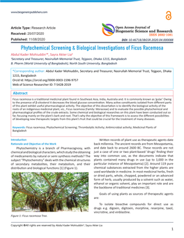 Phytochemical Screening & Biological Investigations of Ficus Racemosa