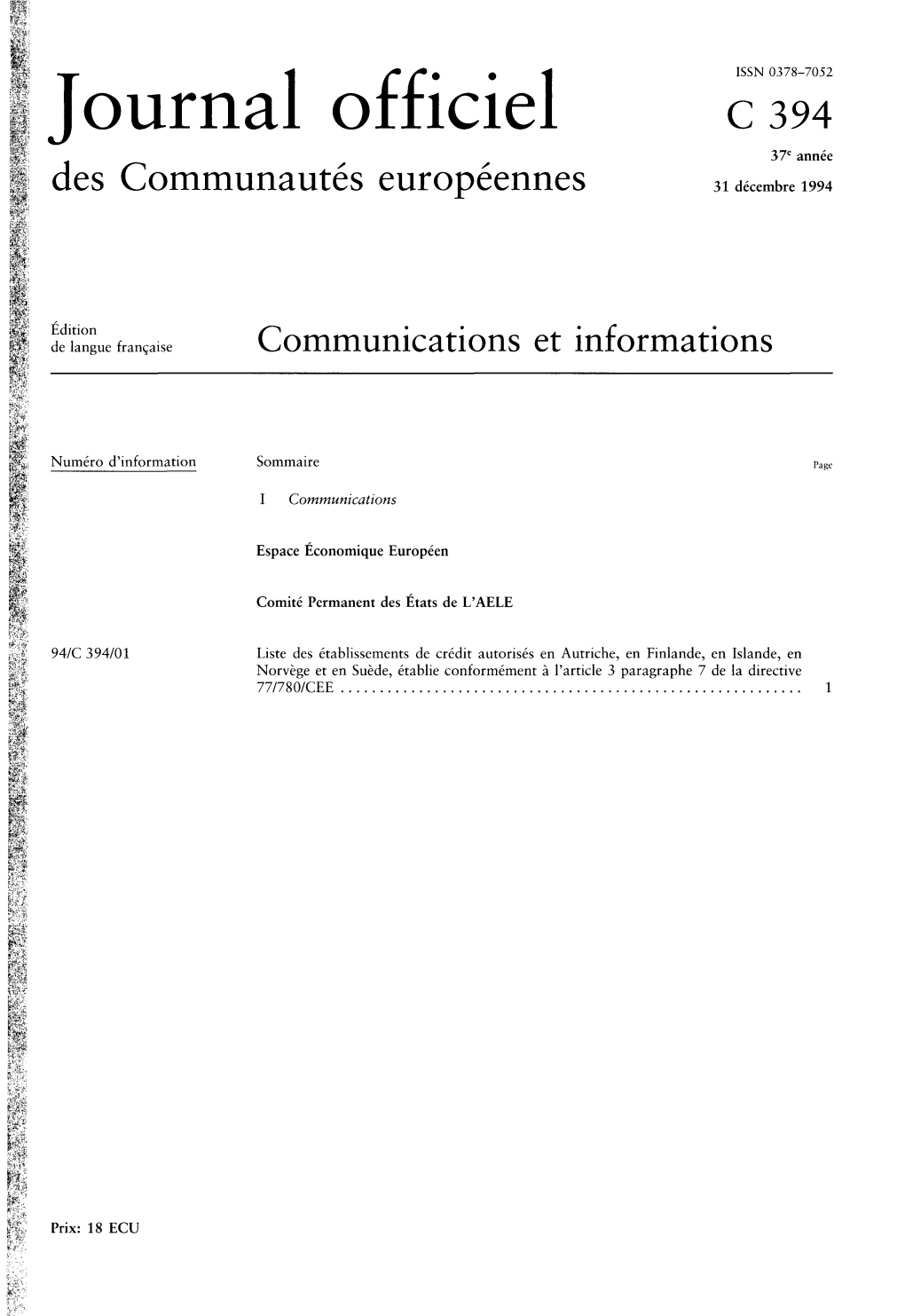 J Journal Officiel C 394 37E Annee Des Communautés Européennes 31 Décembre 1994