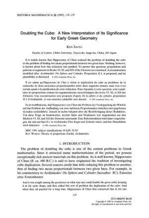 Doubling the Cube: a New Interpretation of Its Significance for Early Greek Geometry
