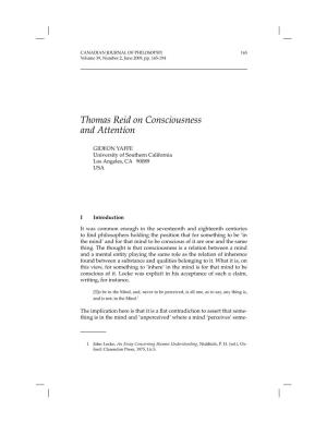 Thomas Reid on Consciousness and Attention 165 Volume 39, Number 2, June 2009, Pp