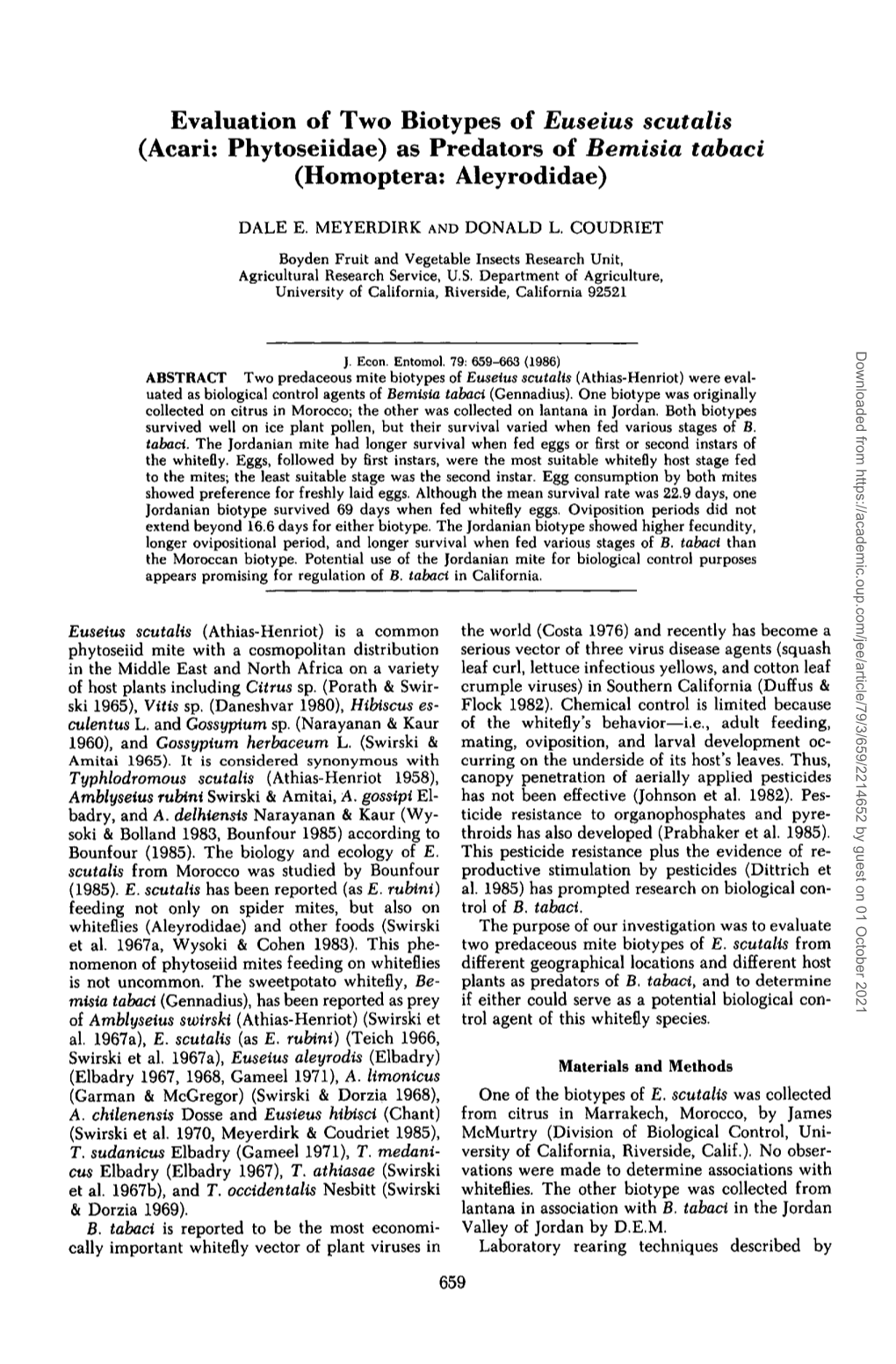 Evaluation of Two Biotypes of Euseius Scutalis (Acari: Phytoseiidae) As Predators of Bemisia Tabaci (Homoptera: Aleyrodidae)