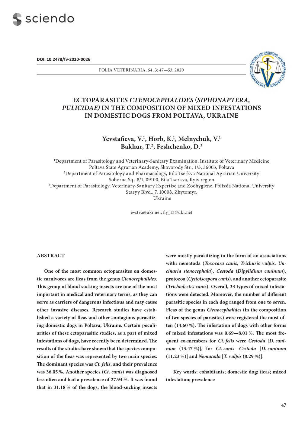 Ectoparasites Ctenocephalides (Siphonaptera, Pulicidae) in the Composition of Mixed Infestations in Domestic Dogs from Poltava, Ukraine