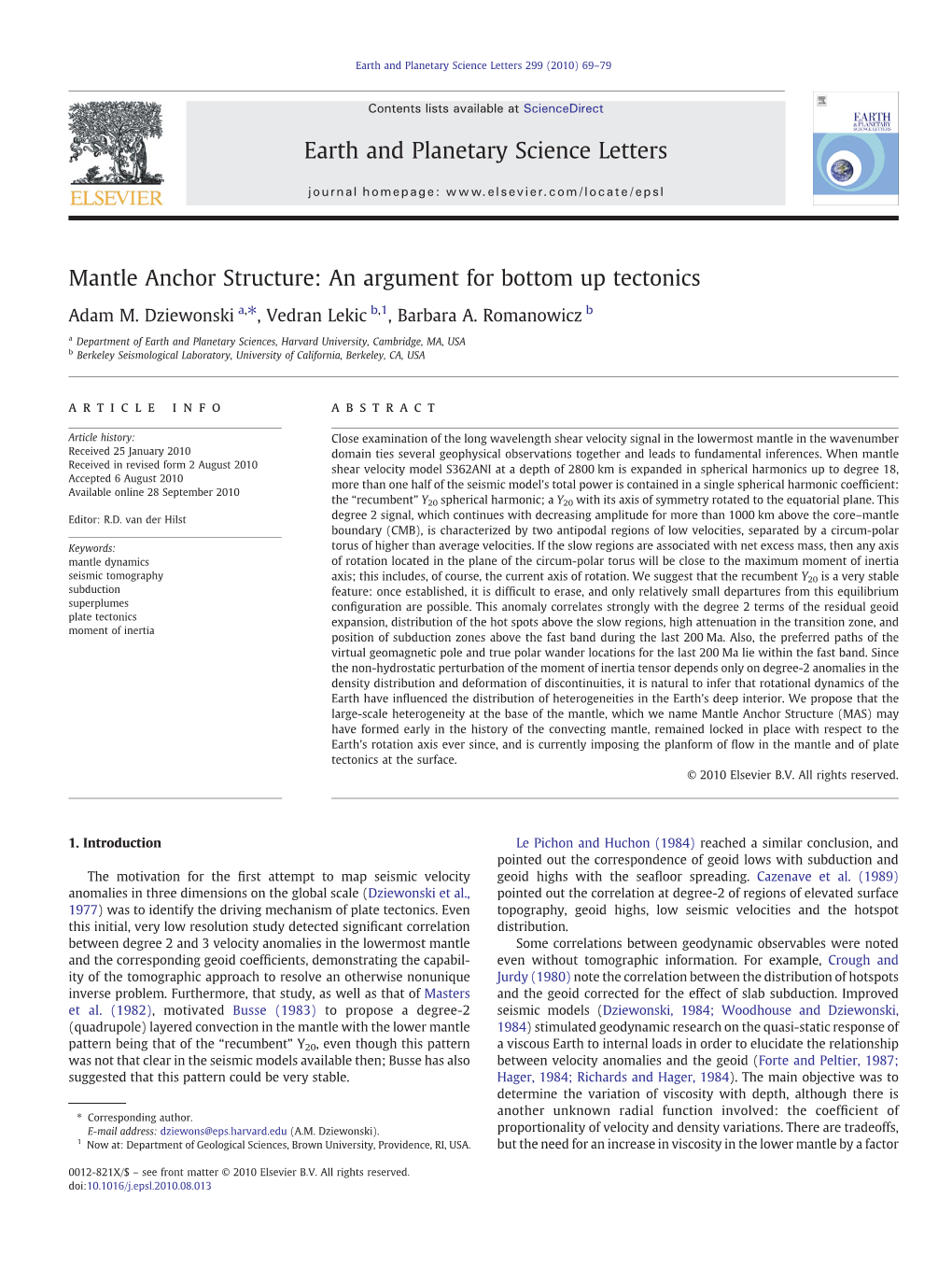 Mantle Anchor Structure: an Argument for Bottom up Tectonics