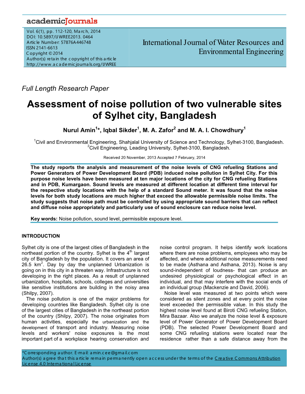 Assessment of Noise Pollution of Two Vulnerable Sites of Sylhet City, Bangladesh