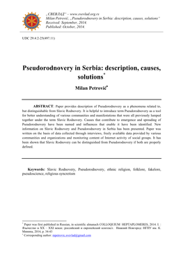 Pseudorodnovery in Serbia: Description, Causes, Solutions“ Received: September, 2014