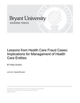 Lessons from Health Care Fraud Cases: Implications for Management of Health Care Entities