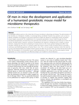 Of Men in Mice: the Development and Application of a Humanized Gnotobiotic Mouse Model for Microbiome Therapeutics John Chulhoon Park 1 and Sin-Hyeog Im 1,2