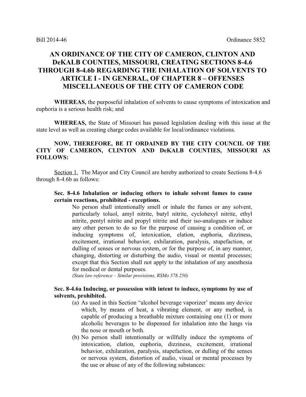 An Ordinance of the City of Cameron, Clinton And