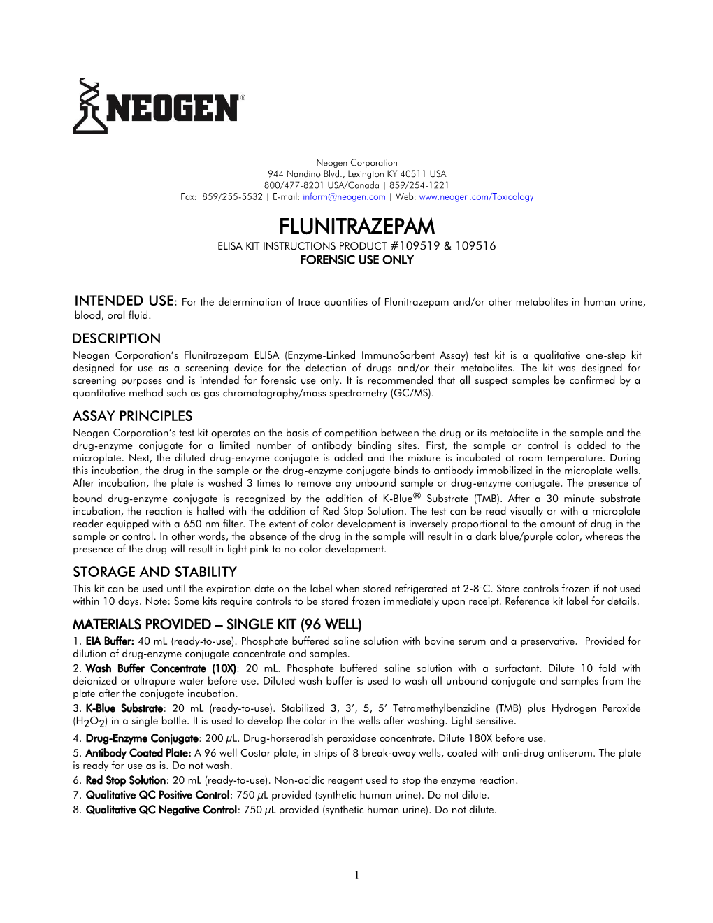 Flunitrazepam Elisa Kit Instructions Product #109519 & 109516 Forensic Use Only