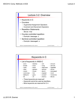 Lecture 3.2: Overview Keywords in C